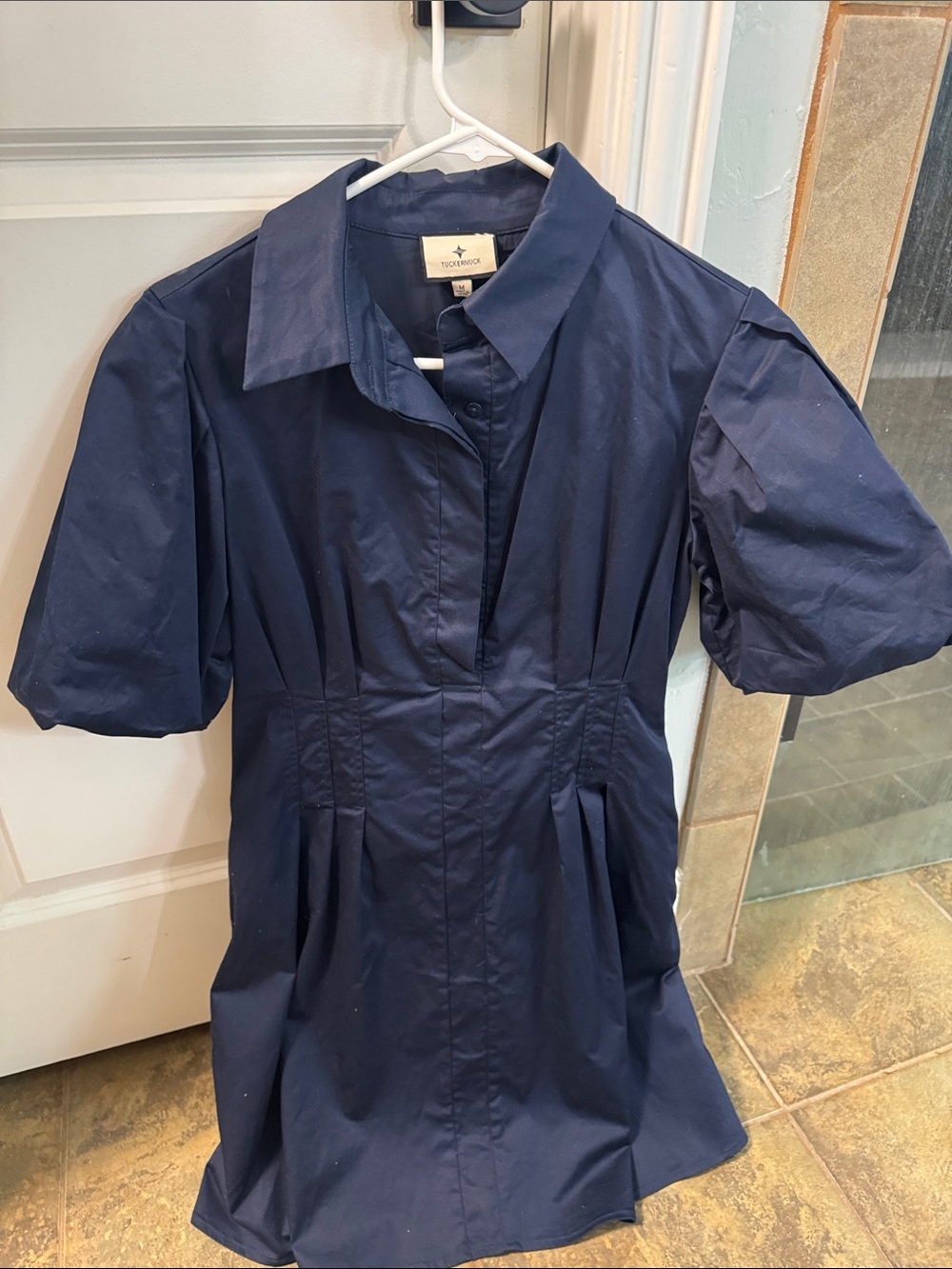 Tuckernuck Navy Midi Dress with Short Puff Sleeves